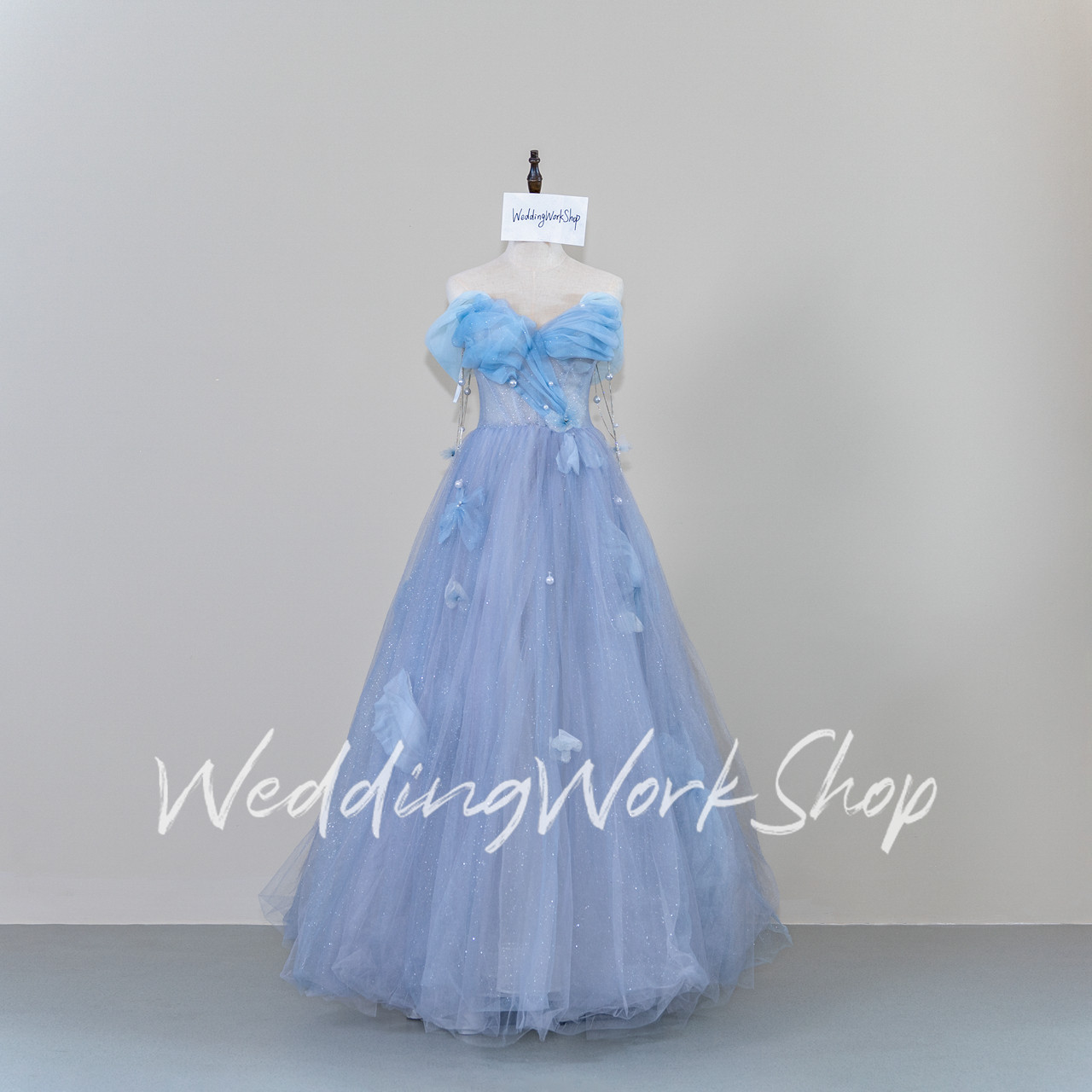 シアーな美しさ ブルー ビスチェドレス魅惑的な花柄 パール /コンサート/パーティー/謝恩会G011