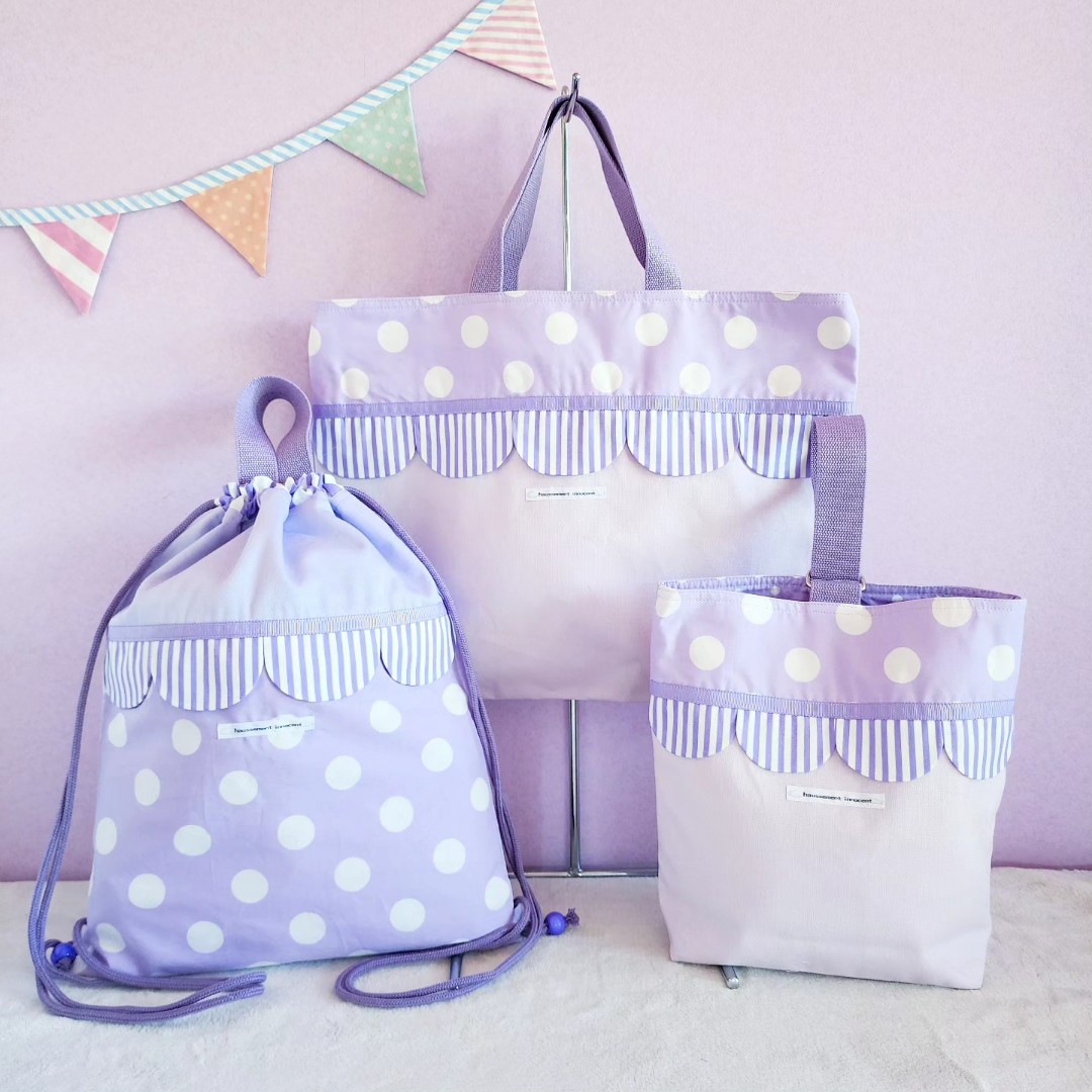 【3点セット】帆布とスカラップの●レッスンバッグ●シューズケース●ナップサック　purple三昧　サイズ変更可能