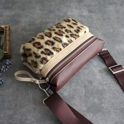 秋色カフェオレブラウン ヒョウ柄ファー×エコレザー　クロスボディバッグ ミニショルダーバッグ 斜め掛けポシェット 6枚目の画像