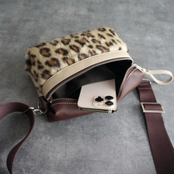 秋色カフェオレブラウン ヒョウ柄ファー×エコレザー　クロスボディバッグ ミニショルダーバッグ 斜め掛けポシェット 8枚目の画像