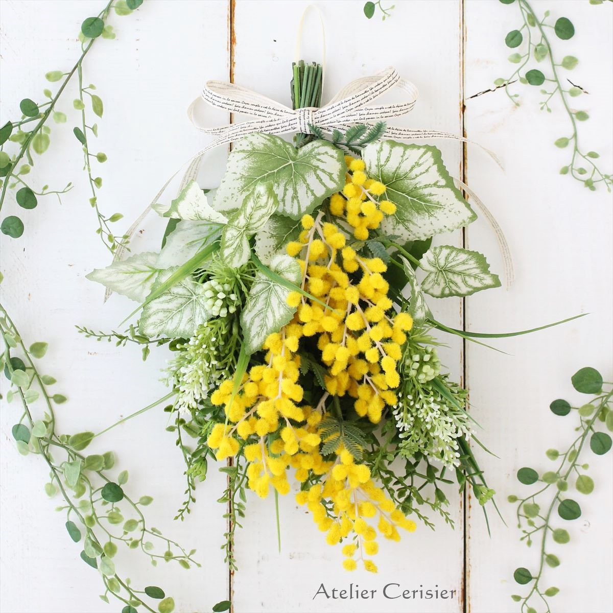 ☆ミモザ＆グリーングラス スワッグ イエロー＜アーティフィシャルフラワー＞母の日