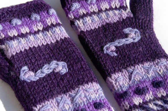 手織純羊毛針織手套/露趾手套/內刷毛手套/保暖手套-紫色花朵刺繡 北歐風聖誕節交換禮物 好友生日禮物 母親節 情人節 第3張的照片