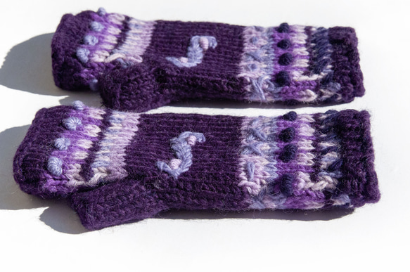 手織純羊毛針織手套/露趾手套/內刷毛手套/保暖手套-紫色花朵刺繡 北歐風聖誕節交換禮物 好友生日禮物 母親節 情人節 第6張的照片