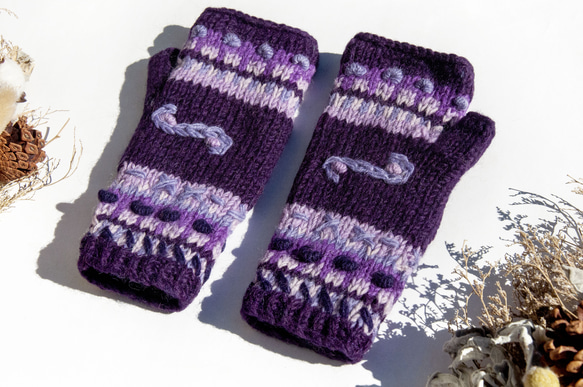 手編みの純毛ニット手袋/つま先の開いた手袋/内側起毛手袋/暖かい手袋-紫の花の刺繍北欧風クリスマスプレゼント交換友達誕生日プレゼ 2枚目の画像