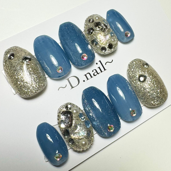 完成品】現品SALE♡くすみブルーが可愛い♡キラキラ♡ワンホンネイル  
