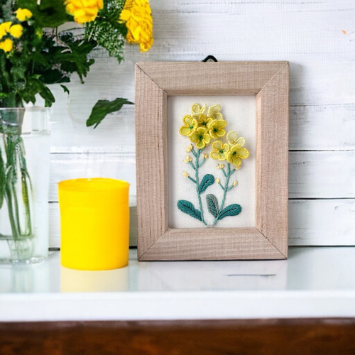 【未使用品】木製　花刺繍フレーム 置物 立体刺繍】菜の花の刺繍フレーム フォトフレーム・写真立て Buugen