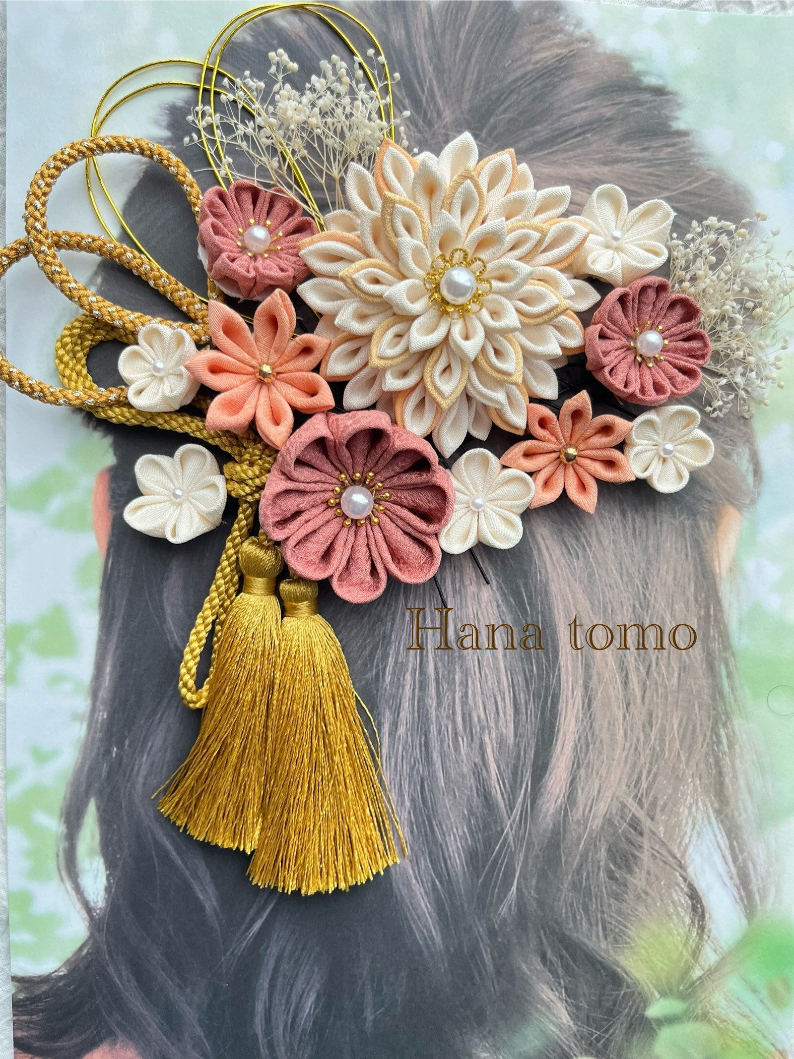 【受注制作】104 和装髪飾り　サーモンピンク　オレンジ　暖色系　アイボリー　つまみ細工　結婚式　成人式　七五三