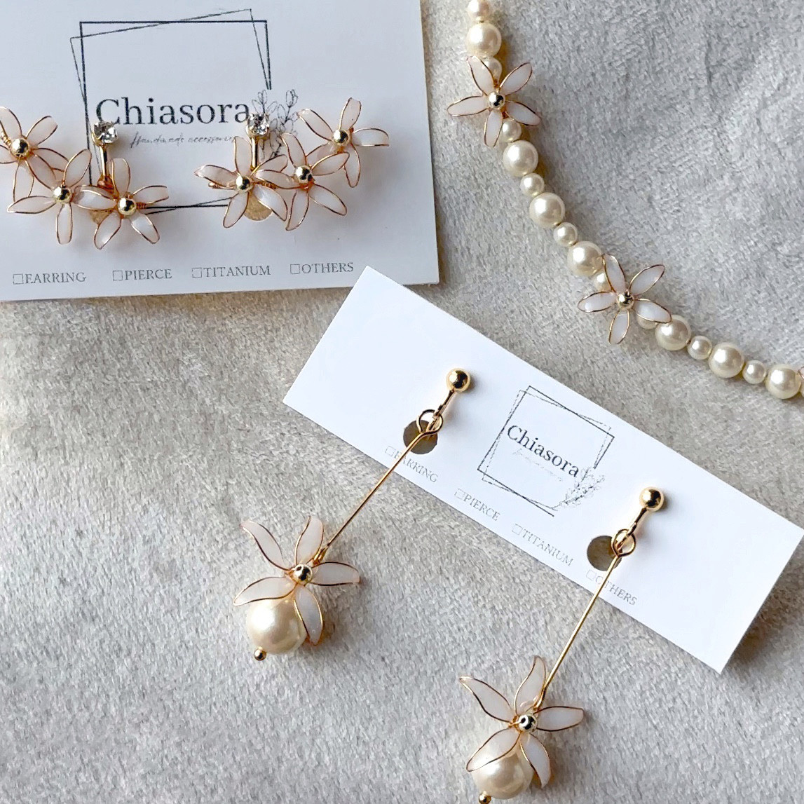 【3点セット】着画あり ジャスミンイヤリング×2点、ネックレス×1点/結婚式 ウェディング お呼ばれ  パール 春 入学