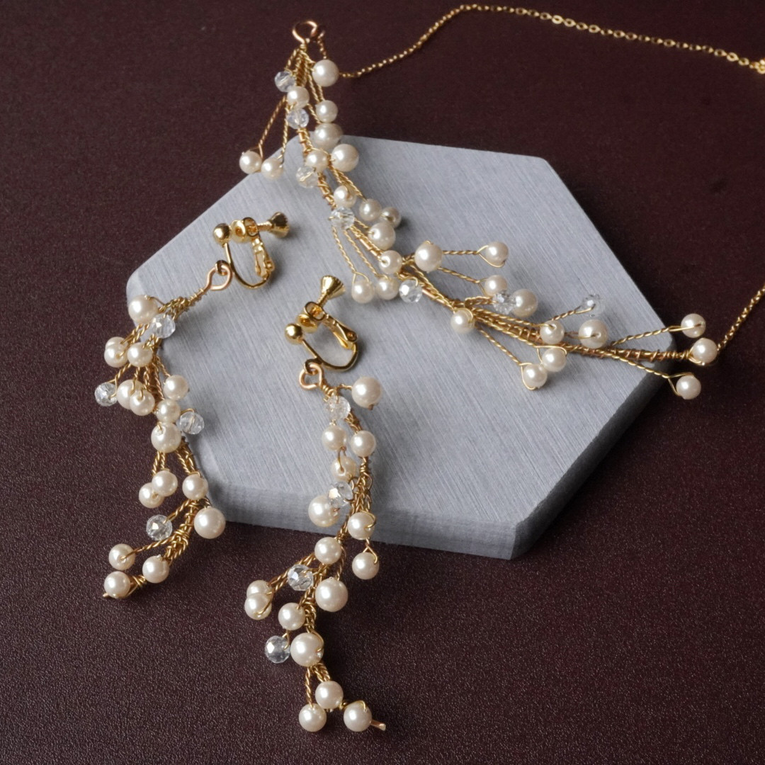 【セット】結婚式･卒入学式に～小枝パールのフォーマルネックレス＆イヤリング/ピアス ウェディング