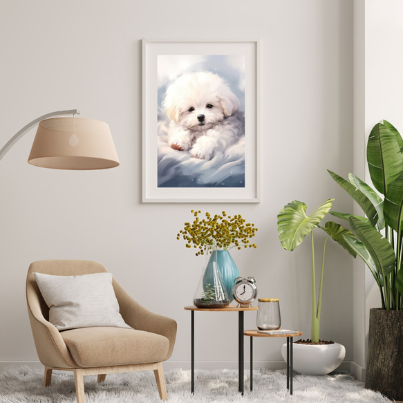 【夢心地 - ビジョンフリーゼ犬の子犬 No.2】風水画 アートポスター 犬の絵 犬の絵画 犬のイラスト 7枚目の画像