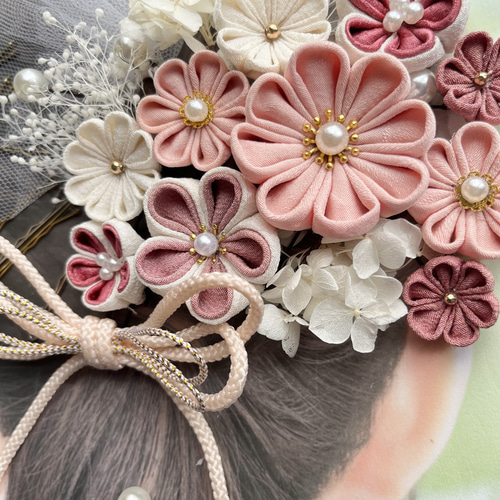 108 和装髪飾り ピンク サーモンピンク チュール かすみ草 紫陽花