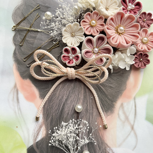 108 和装髪飾り ピンク サーモンピンク チュール かすみ草 紫陽花