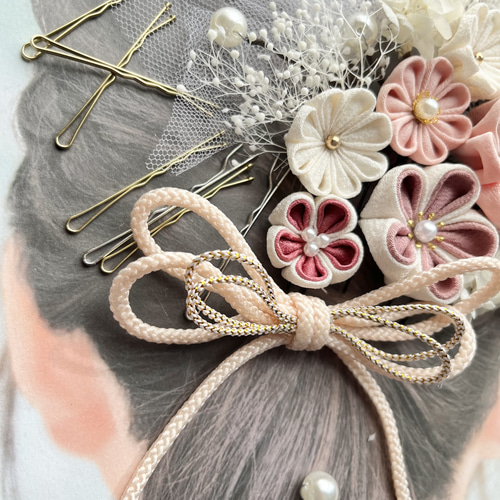 108 和装髪飾り ピンク サーモンピンク チュール かすみ草 紫陽花