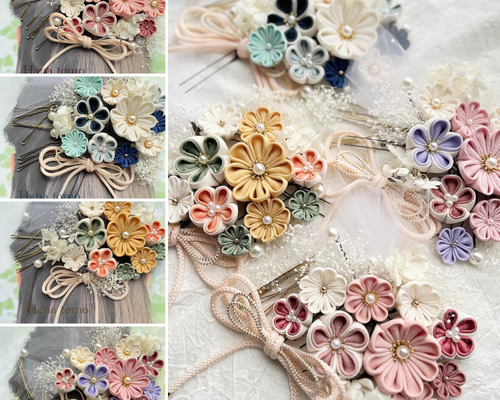受注制作】109 和装髪飾り 紫 黄色 オレンジ 緑 かすみ草 紫陽花
