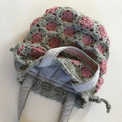 ウール100%  モチーフ編みのニットバッグ　巾着トート　巾着バッグ　モチーフ編み　かぎ針 3枚目の画像