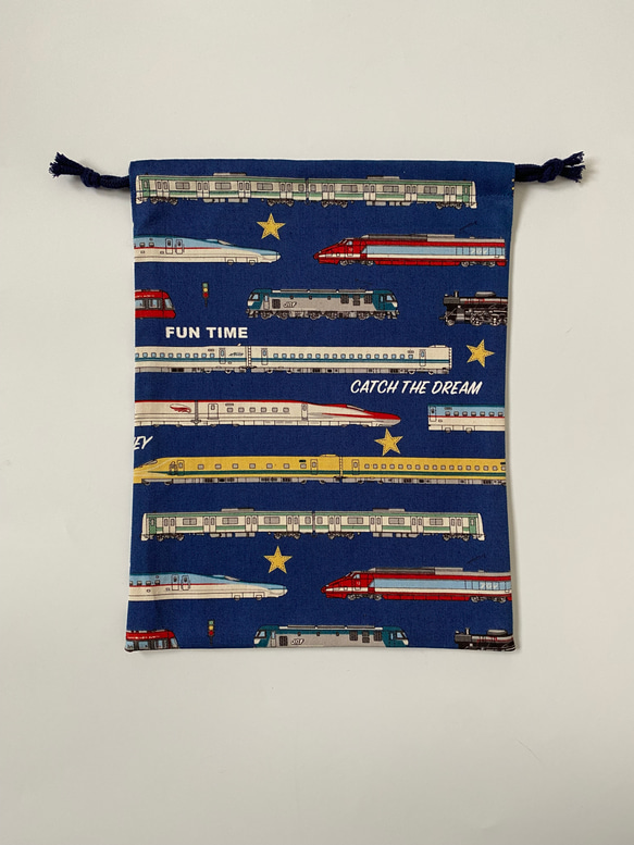 電車柄☆100〜110こどもエプロン、三角巾、巾着3点セット 7枚目の画像