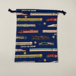 電車柄☆120〜130こどもエプロン、三角巾、巾着3点セット　 7枚目の画像