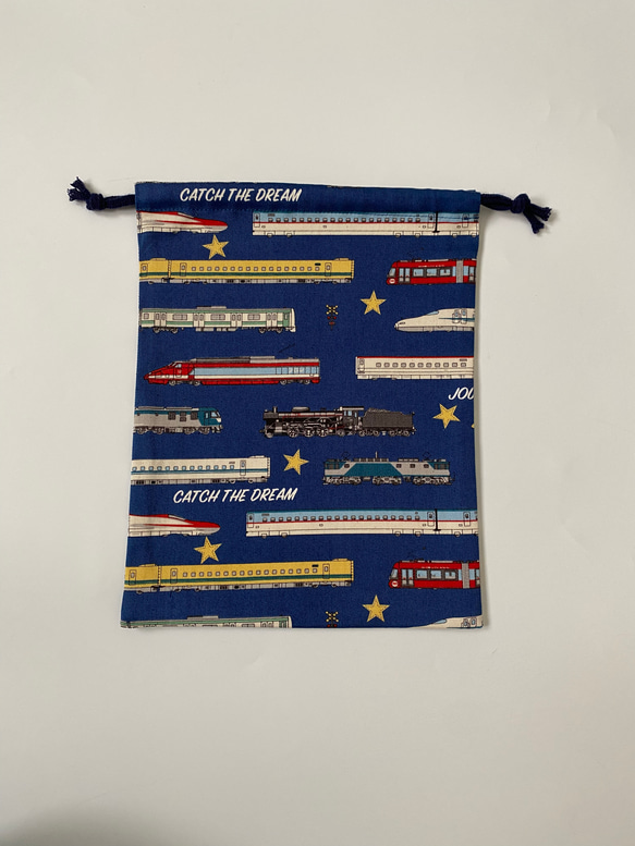 電車柄☆120〜130こどもエプロン、三角巾、巾着3点セット　 7枚目の画像