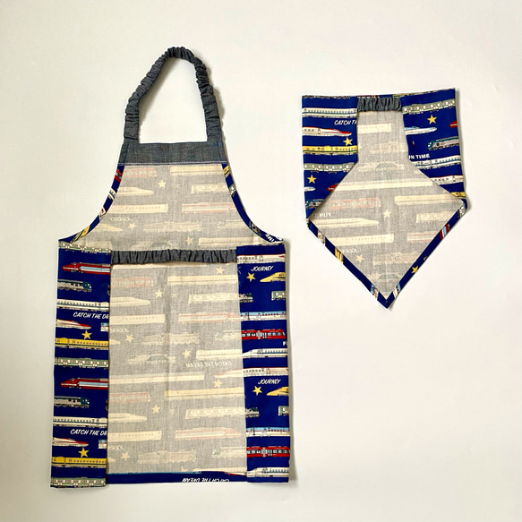 電車柄☆120〜130こどもエプロン、三角巾、巾着3点セット　 3枚目の画像