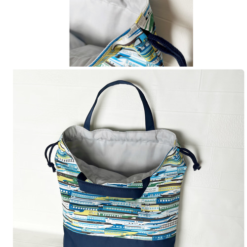 送料無料！新幹線柄〜ブルー！レッスンバッグと上履き入れ、お着替え