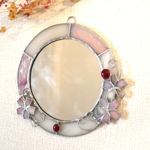 ✴︎:.｡.:桜シリーズ 桜の丸形壁掛け鏡♪ ステンドグラス 桜2025