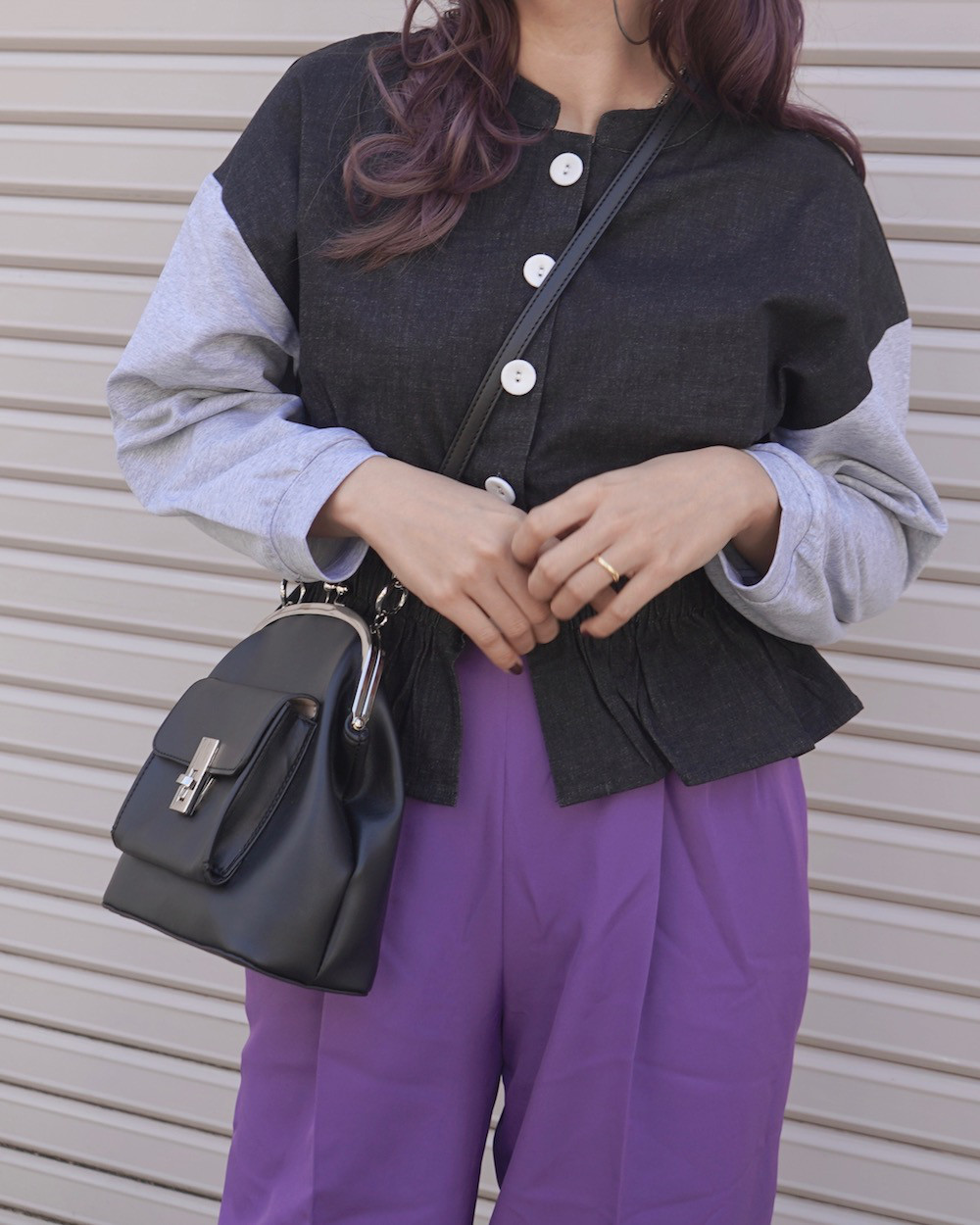 Switching Frill-Hem Jacket Tops (black-grey) ジャケット ブラウン 茶色