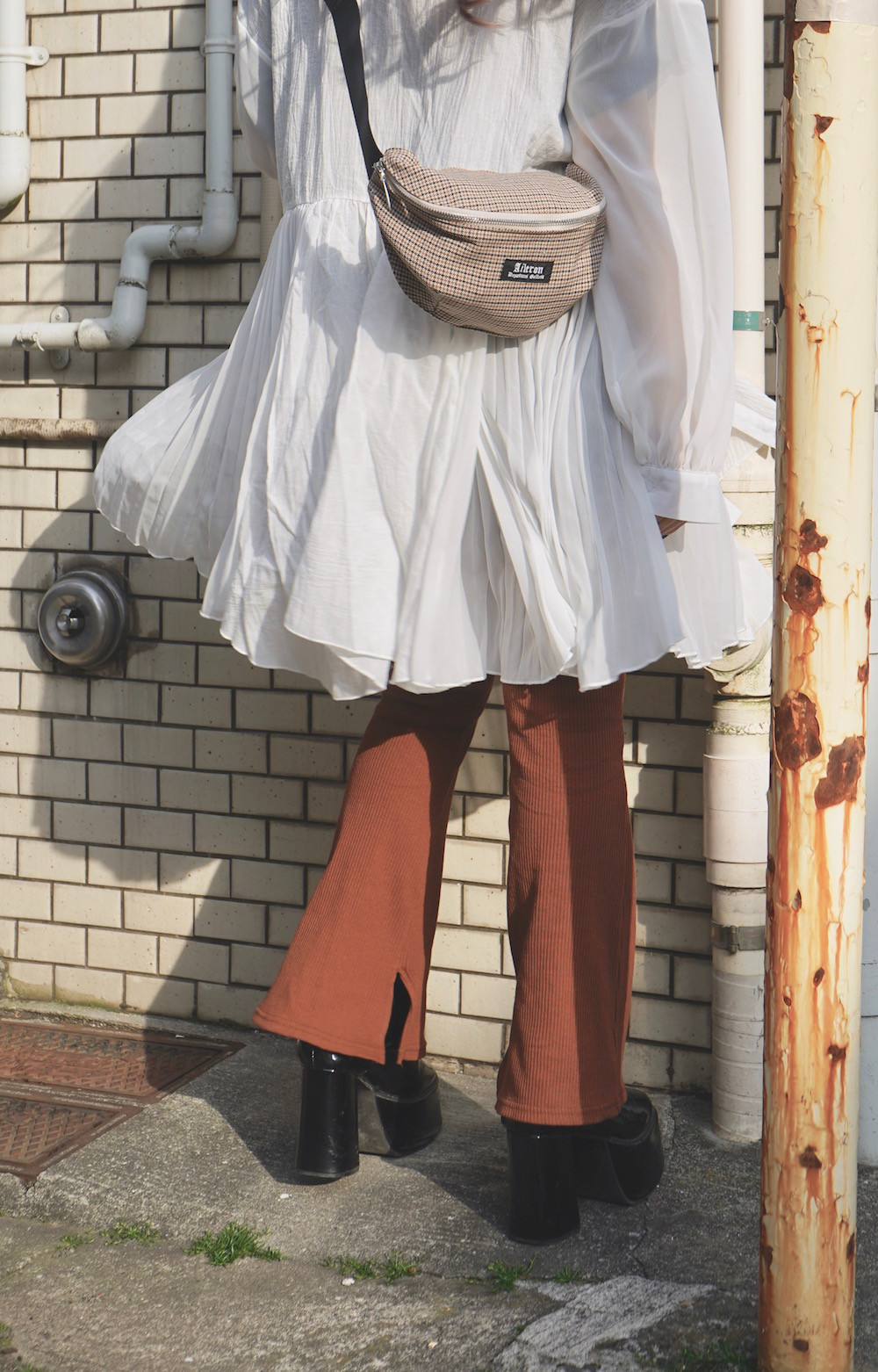 Rib Flare Slit Easy Pants (brown) ワイドパンツ ブラウン 茶色 上品 きれいめ