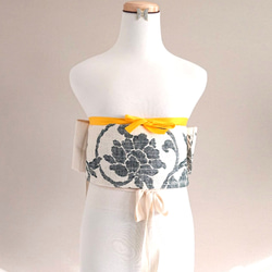 モノトーンの唐草模様 作り帯 銀座スタイル ～100cm 手織り真綿紬 7枚目の画像