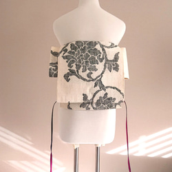 モノトーンの唐草模様 作り帯 銀座スタイル ～100cm 手織り真綿紬 4枚目の画像