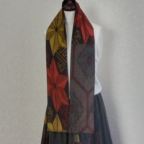 ❣️お値下げ　❣️ 着物リメイク 大島紬 ノースリブラウス&巻きスカート 時代大島紬＊黄花すっきりAラインスカート＋ストール＊裏地付き