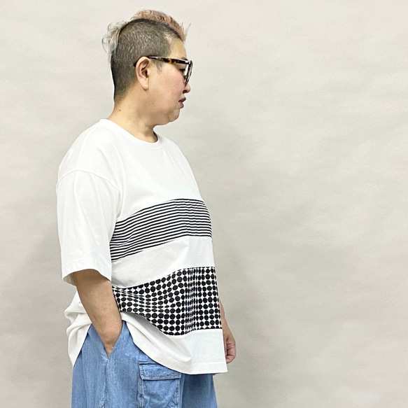 SALE 春 夏 異素材切り替え ビッグTシャツ レディース トップス ボーダー柄 ドット柄 水玉柄 ベルポニー 8枚目の画像