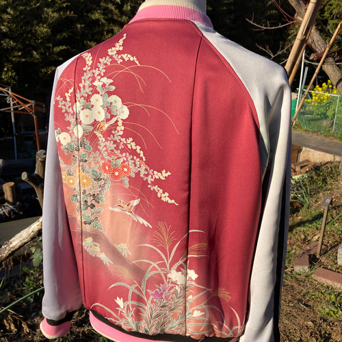 着物リメイク82番大輪乱菊パープルリバーシブルブルゾン