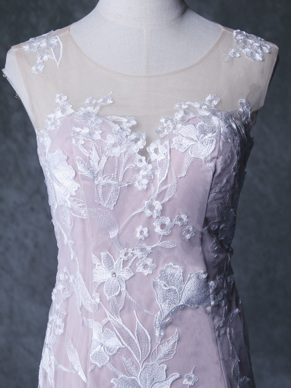 ウェディングドレス  ピンク  贅沢な小花総レース  マーメイドライン  ノースリーブ  披露宴/結婚式 5枚目の画像