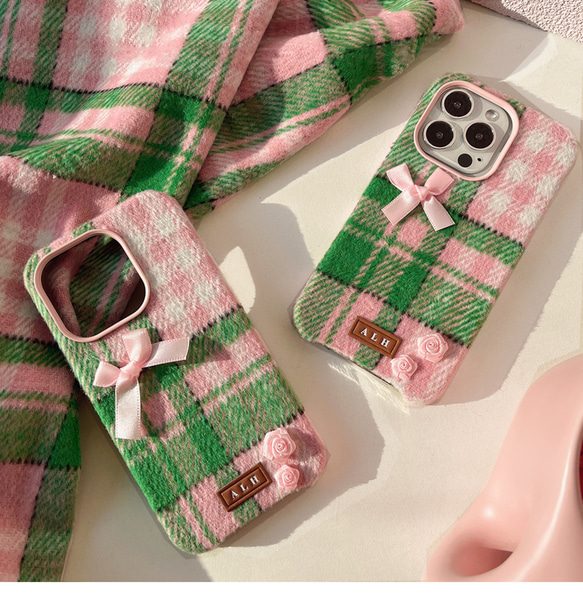 スマホケース　ウール　iPhoneケース チェック柄　ピンク　おしゃれ　大人で可愛い　大人気　 3枚目の画像