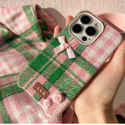 スマホケース　ウール　iPhoneケース チェック柄　ピンク　おしゃれ　大人で可愛い　大人気　 2枚目の画像