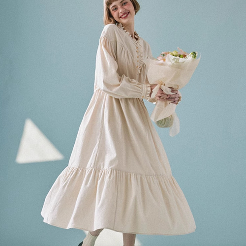 首元フリル 長袖ワンピース ロングワンピース ワンピース hellodream  