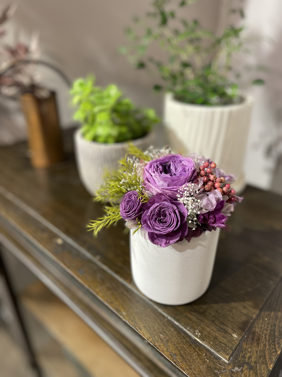 プリザーブドフラワー白ベースアレンジ紫バラオールドローズ お洒落