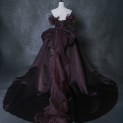 カラードレス ブラウン オフショルダー 編み上げ リボン 光沢サテン アンティークなドレス ブライダル 3枚目の画像