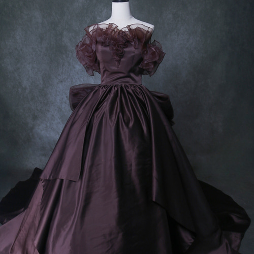 カラードレス ブラウン オフショルダー 編み上げ リボン 光沢サテン  