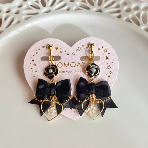 ガーリーモノクロリボンイヤリング/ピアス イヤリング