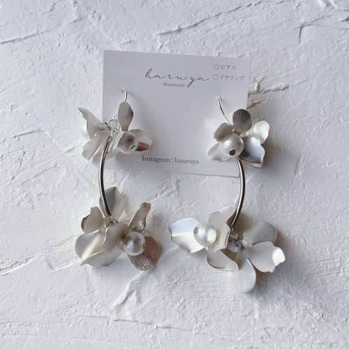 マットシルバーフラワー コットンパールピアス イヤリング お呼ばれ