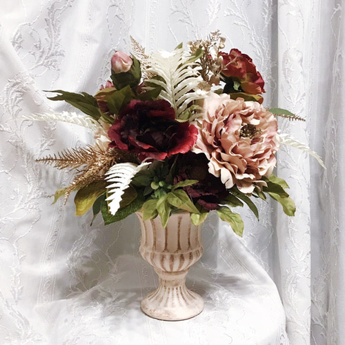 造花・アートフラワー 芍薬と薔薇の花瓶アレンジ 優雅で上品 大切な方