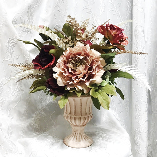 造花・アートフラワー 芍薬と薔薇の花瓶アレンジ 優雅で上品 大切な方