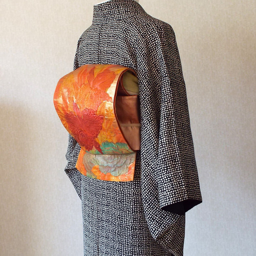 すぐに結べる「さくら造り帯」オレンジ系の洋花柄の二重太鼓 和装小物