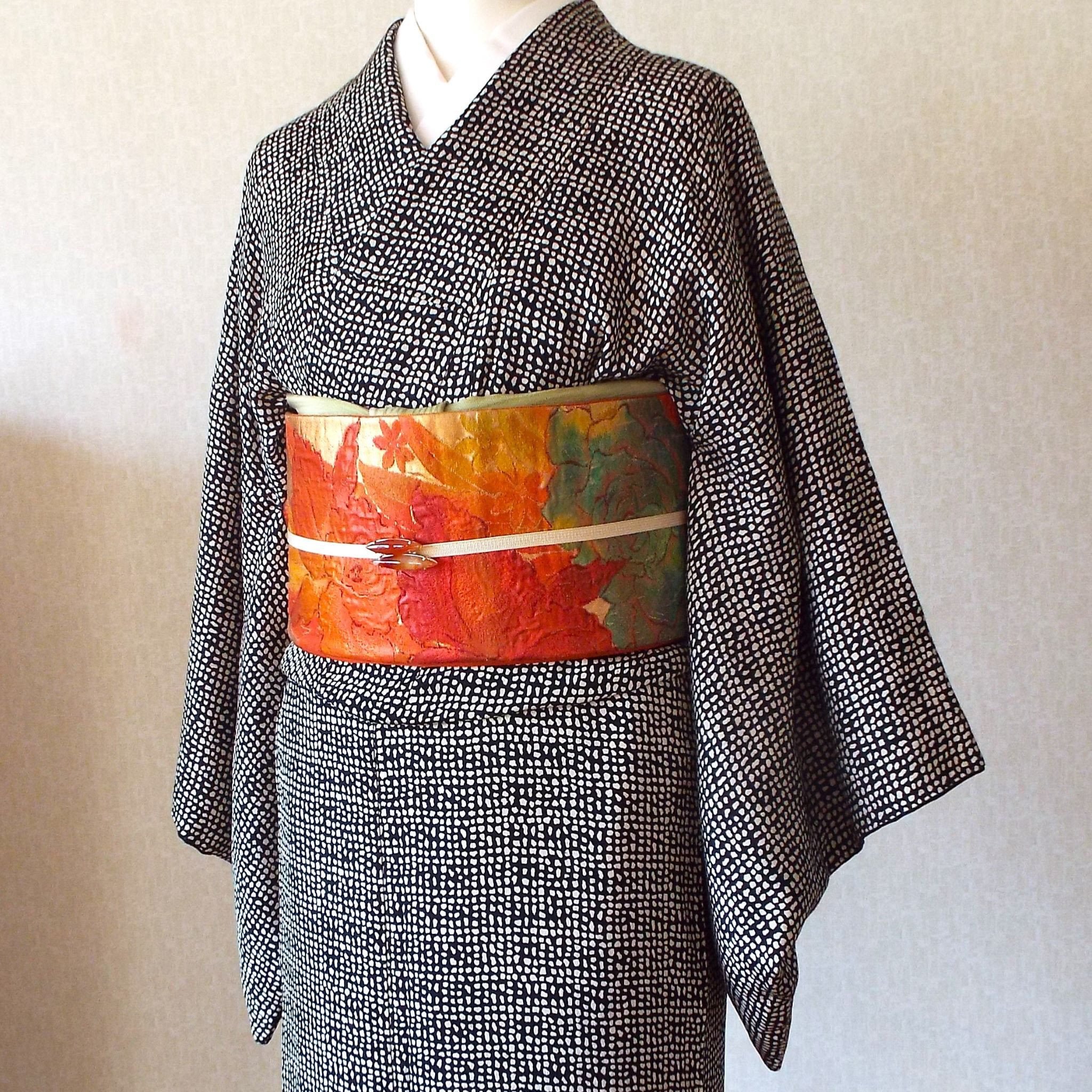 すぐに結べる「さくら造り帯」オレンジ系の洋花柄の二重太鼓