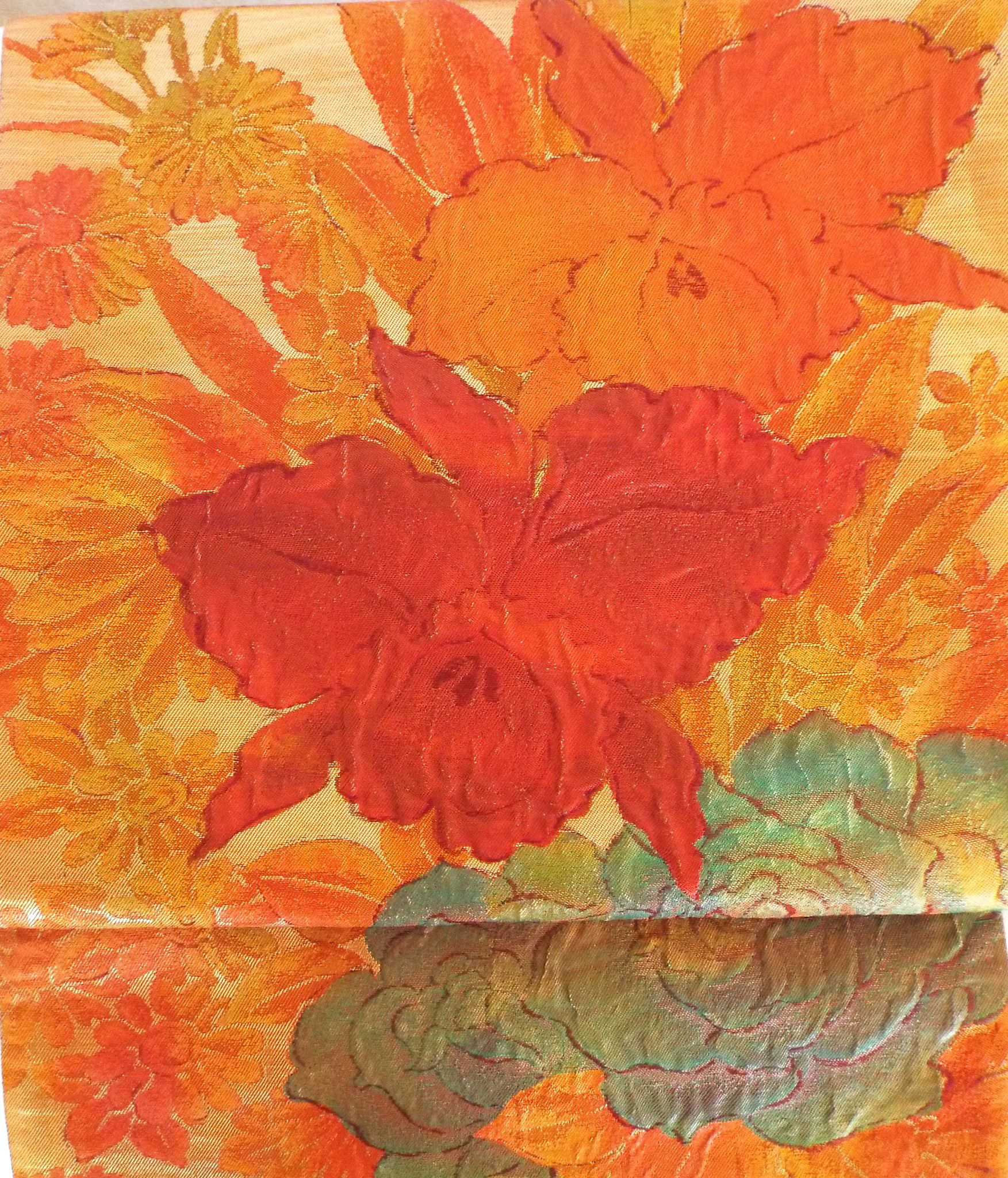 すぐに結べる「さくら造り帯」オレンジ系の洋花柄の二重太鼓