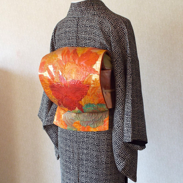 すぐに結べる「さくら造り帯」オレンジ系の洋花柄の二重太鼓 和装小物