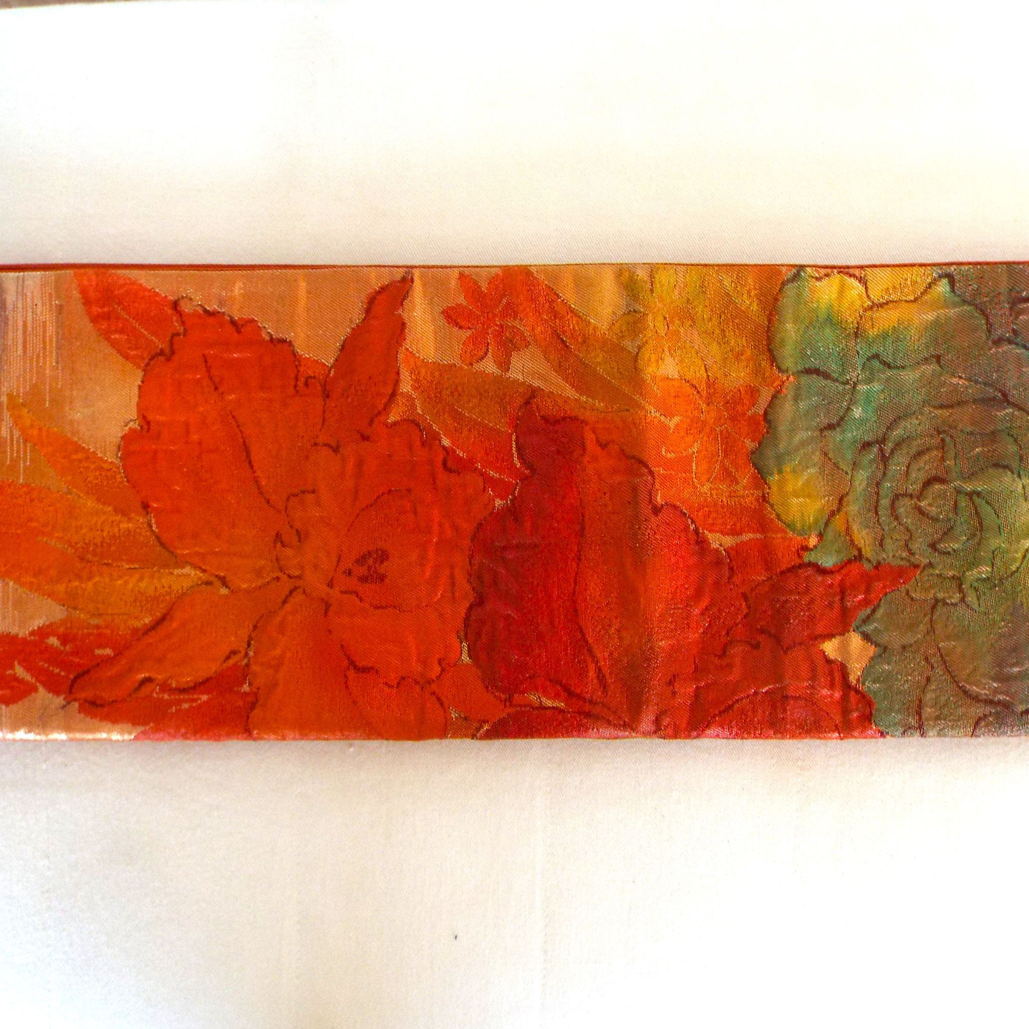 すぐに結べる「さくら造り帯」オレンジ系の洋花柄の二重太鼓