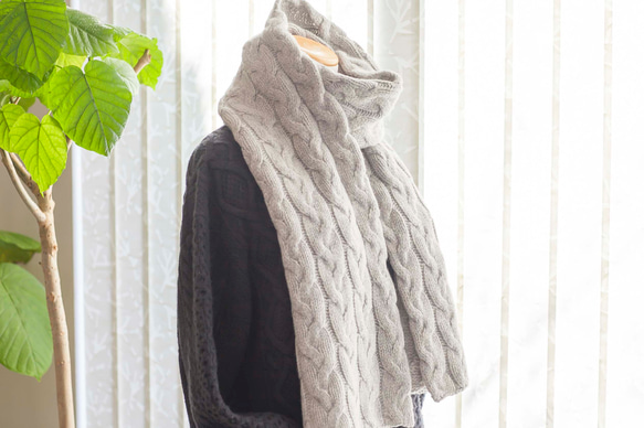 手編み＊ウールストール＊アラン模様＊グレー/灰○マフラー