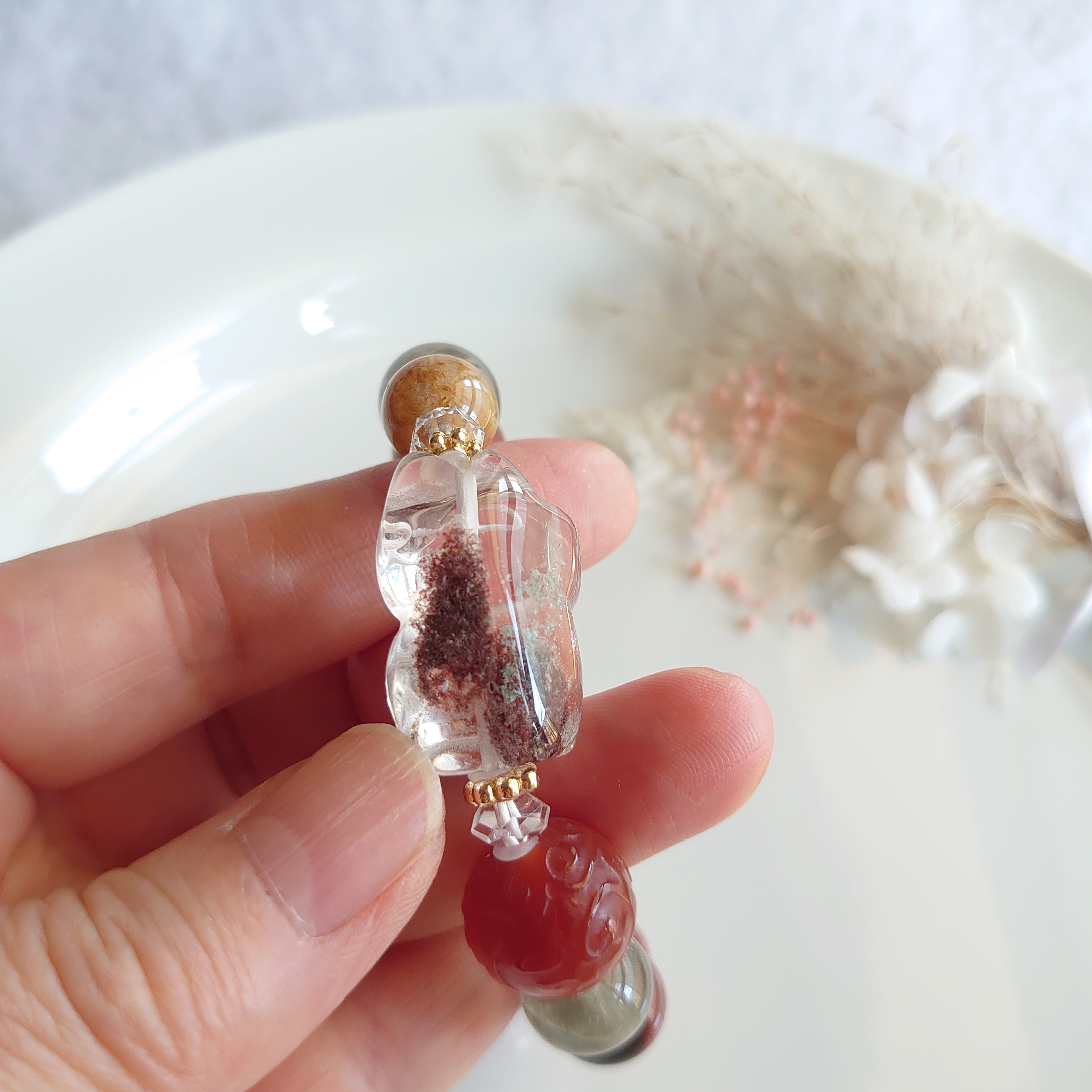 ガーデンクォーツ(ΦωΦ)ネコ　天珠ブレスレット　素敵な逸品｜詳細画像